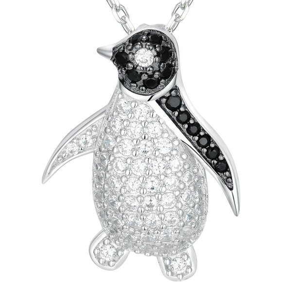 925 Sterling Silver Penguin Necklace with Black & White Cubic Zirconia Adjustab